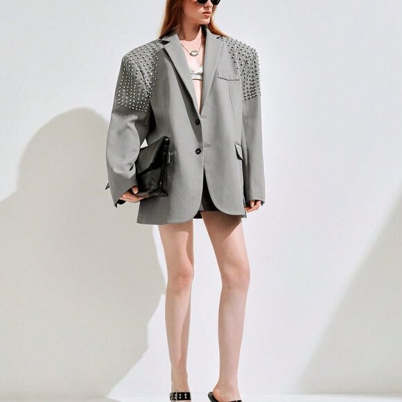 Grey Casual Women's Oversized Padded Shoulder Suit Jacket with Rhinestone Design - Picture 3 of 7
